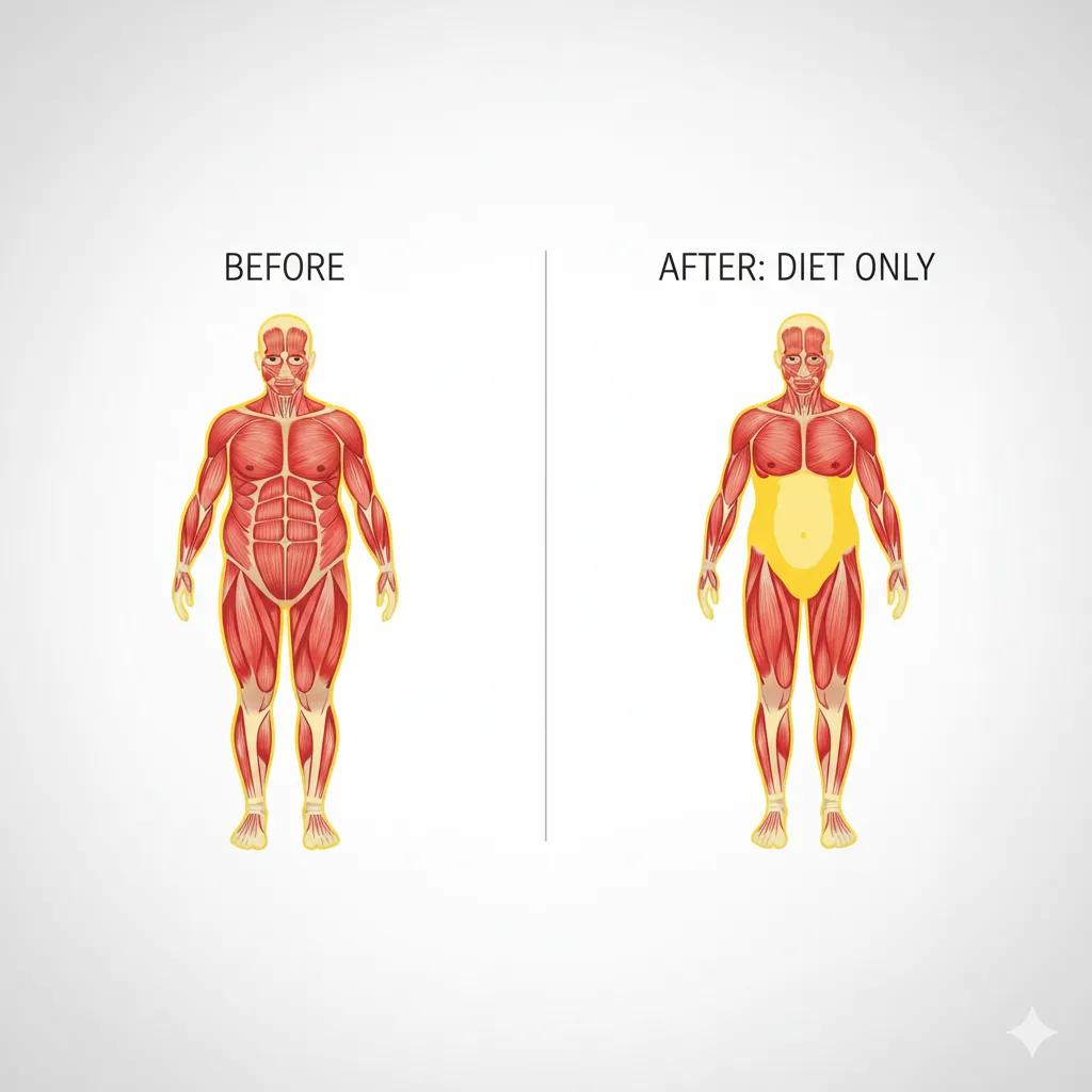 رسم بياني يوضح خطر فقدان العضلات عند إنقاص الوزن بدون رياضة مقارنة بالدهون