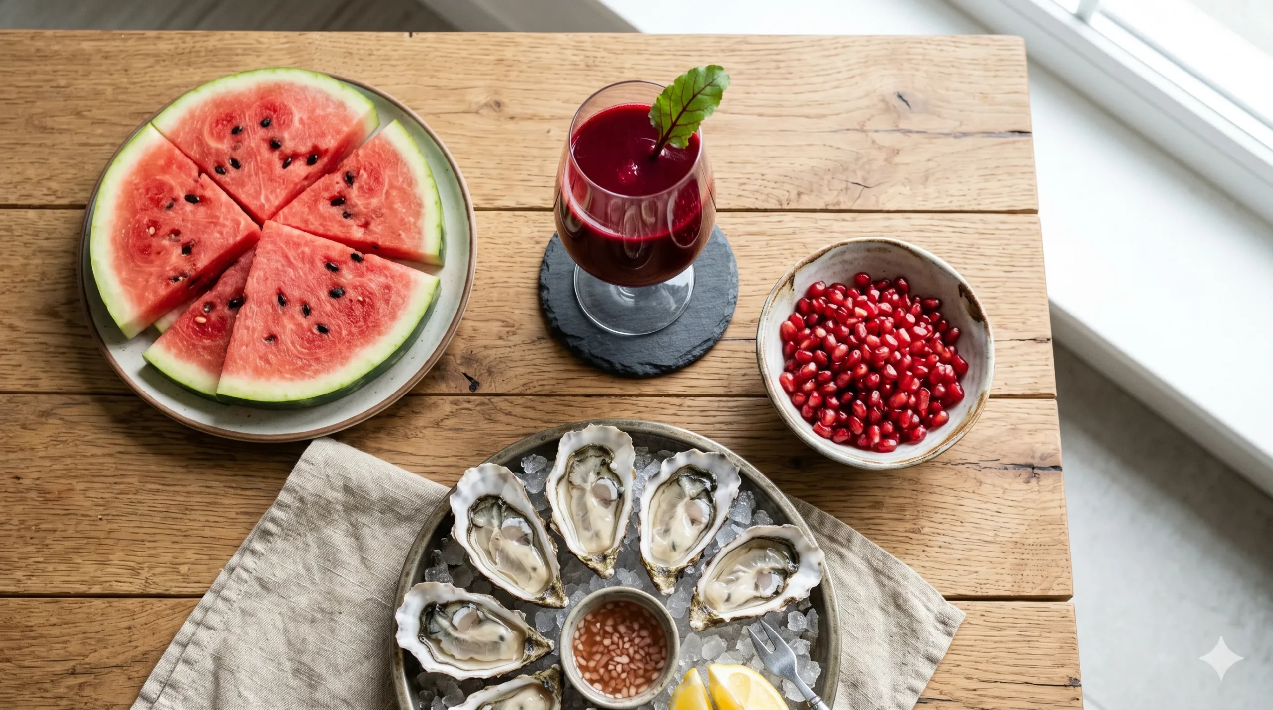 مجموعة من أفضل أطعمة لتقوية الانتصاب تشمل البطيخ والرمان والشمندر والمحار