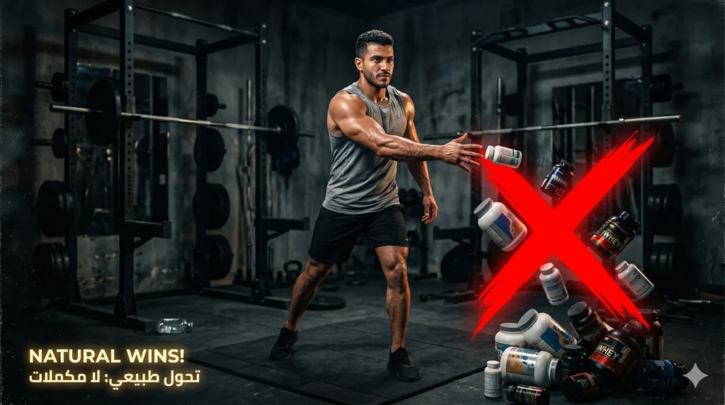 رجل رياضي بعضلات واضحة يرمز إلى بناء العضلات بدون مكملات غذائية