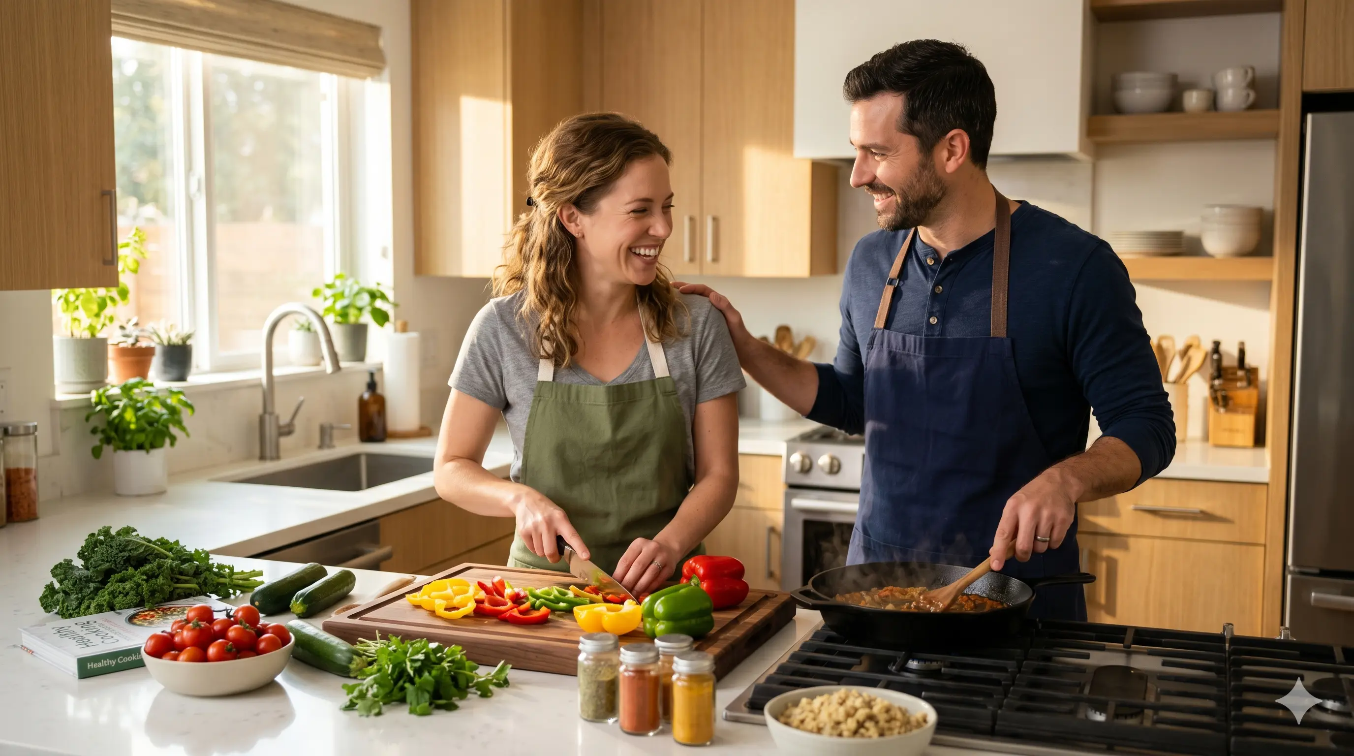 زوجان يحضران وجبة صحية كجزء من نمط حياة صحي وخطة لزيادة الخصوبة وتحفيز الحمل