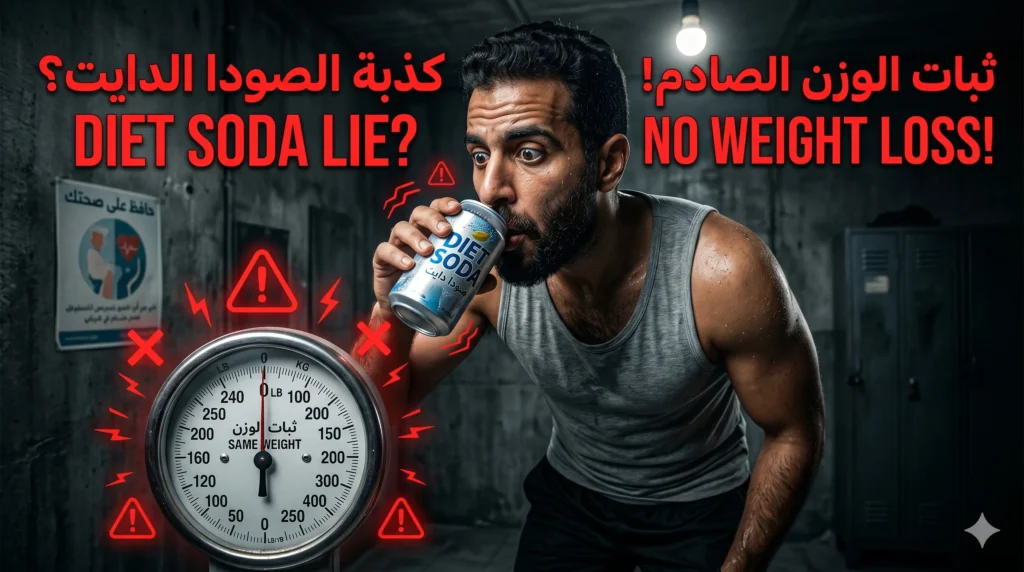 شخص يشرب مشروب غازي دايت ويقف على الميزان دون خسارة وزن مما يثير التساؤل حول تأثير الدايت صودا