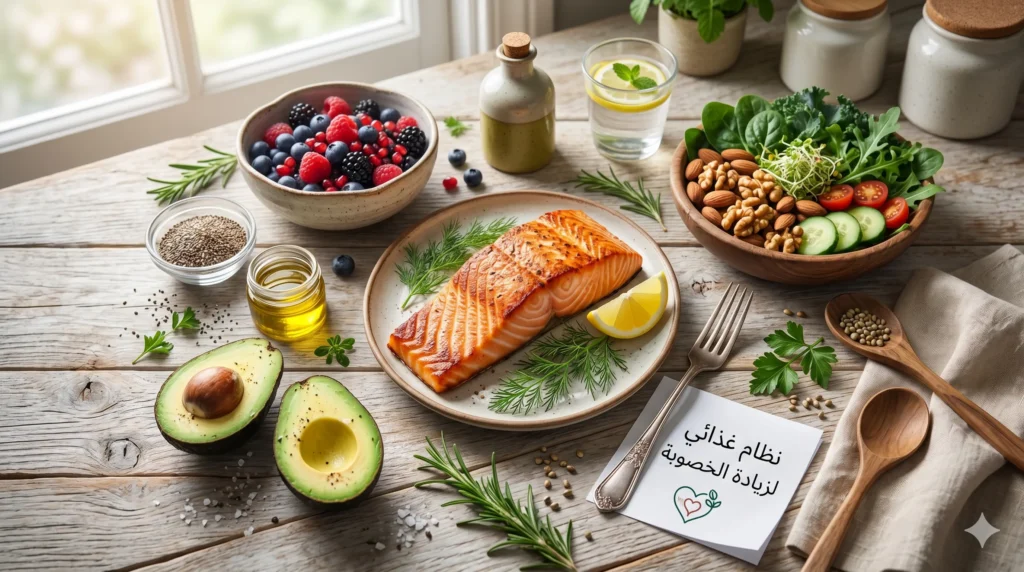 مجموعة أطعمة صحية تساعد في زيادة الخصوبة طبيعيا مثل الأفوكادو والسلمون والمكسرات.