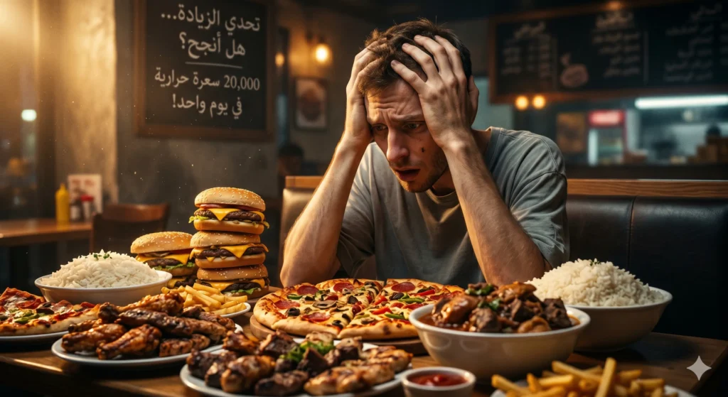رجل نحيف يجلس أمام طاولة مليئة بالطعام عالي السعرات لكنه لا يزداد وزناً بسبب أخطاء شائعة