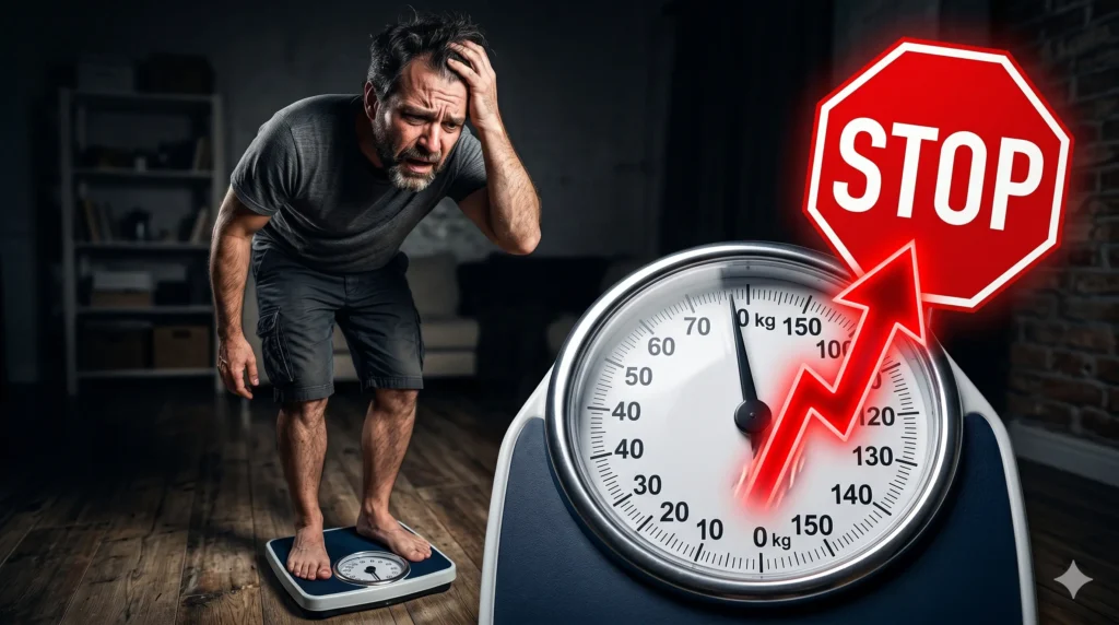 شخص يقف على الميزان ويعاني من ثبات الوزن رغم المحاولة مما يعكس مشكلة هضبة الوزن